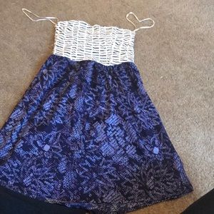 short strapless purple and white patterned dress